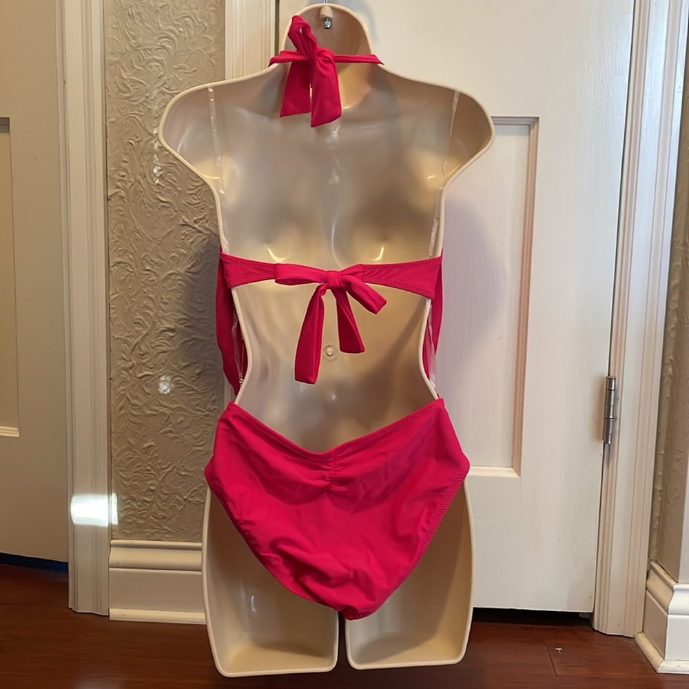 NWT Bar III Solid Cowlneck One-Piece Swims Ruby Pink - Picture 3 of 3